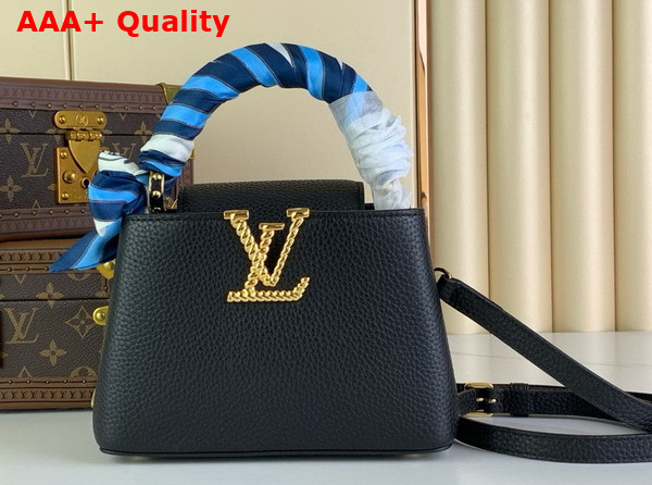 Louis Vuitton Capucines Mini Handbag in Black Taurillon Leather with Scarf Wrapped Around the Top Handle Replica