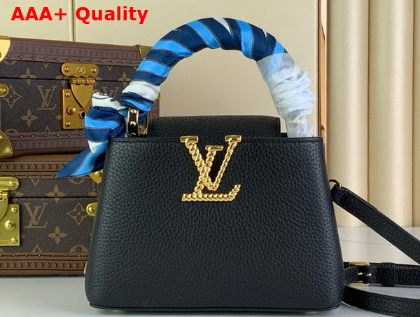 Louis Vuitton Capucines Mini Handbag in Black Taurillon Leather with Scarf Wrapped Around the Top Handle Replica