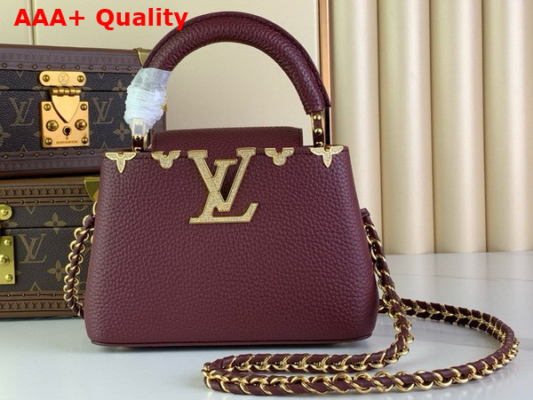 Louis Vuitton Capucines Mini Handbag in Burgundy Taurillon Leather with Gold Color Monogram Flowers Replica