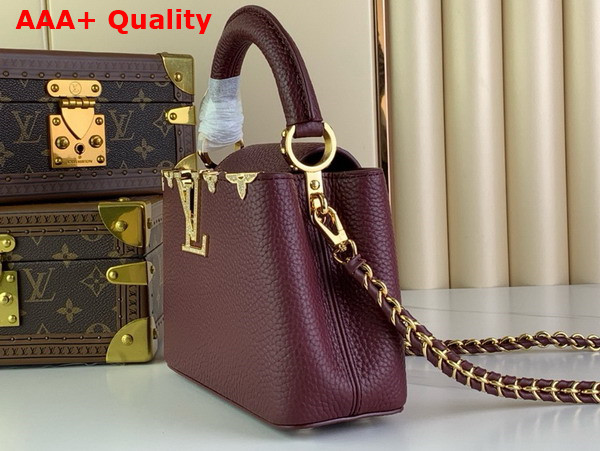 Louis Vuitton Capucines Mini Handbag in Burgundy Taurillon Leather with Gold Color Monogram Flowers Replica