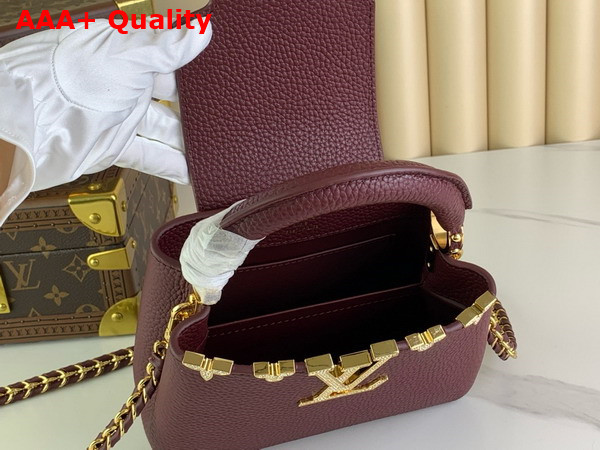 Louis Vuitton Capucines Mini Handbag in Burgundy Taurillon Leather with Gold Color Monogram Flowers Replica