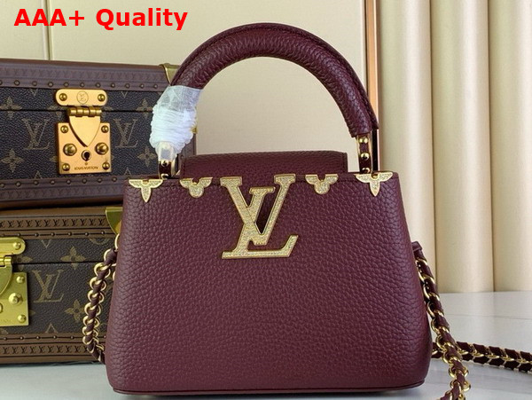 Louis Vuitton Capucines Mini Handbag in Burgundy Taurillon Leather with Gold Color Monogram Flowers Replica