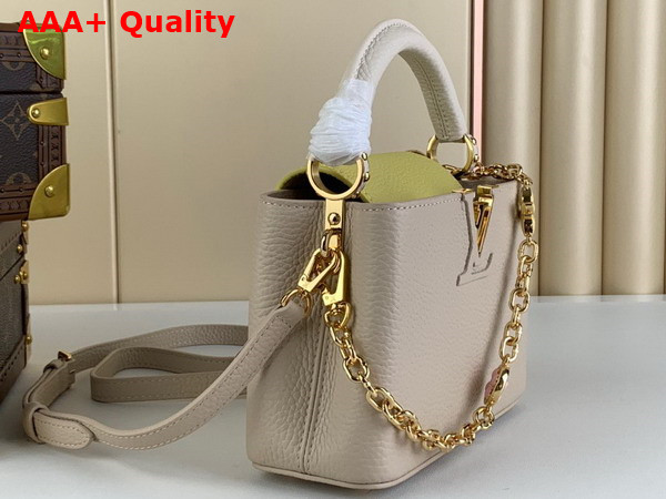 Louis Vuitton Capucines Mini Handbag in Galet Gray Taurillon Leather Gold Color Chain Adorned with Colored Monogram Flowers Replica