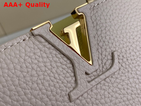 Louis Vuitton Capucines Mini Handbag in Galet Gray Taurillon Leather Gold Color Chain Adorned with Colored Monogram Flowers Replica