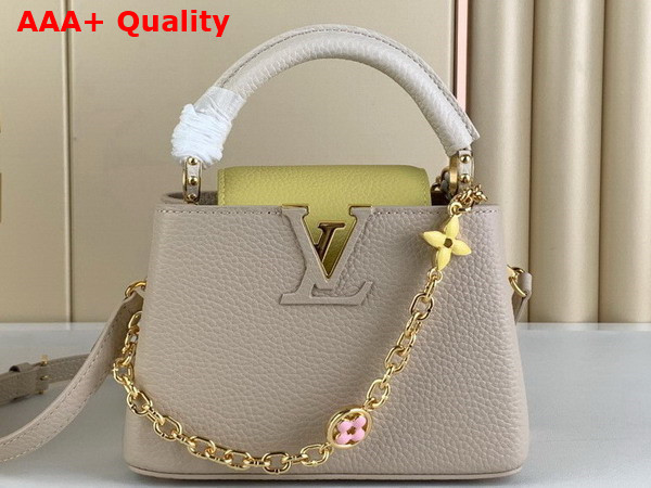 Louis Vuitton Capucines Mini Handbag in Galet Gray Taurillon Leather Gold Color Chain Adorned with Colored Monogram Flowers Replica