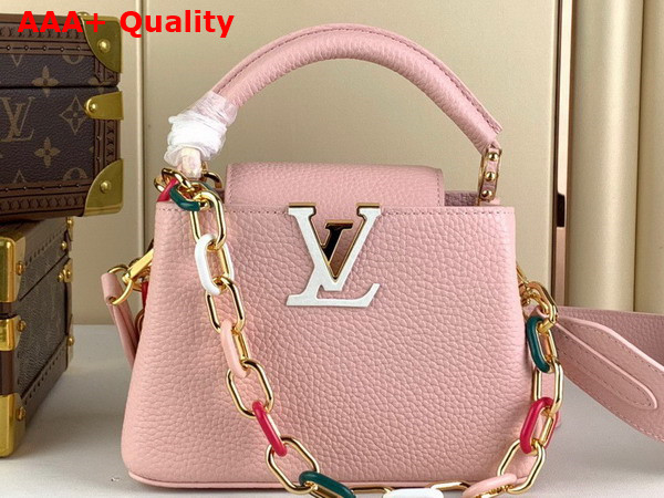 Louis Vuitton Capucines Mini Handbag in Jasmine Pink Taurillon Leather with Multicolored Chain M21643 Replica