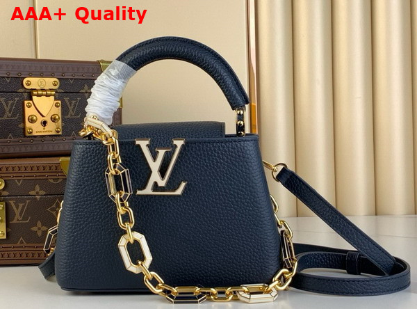 Louis Vuitton Capucines Mini Handbag in Navy Blue Taurillon Leather The Links are Decorated with Jewel Like Enamel Replica