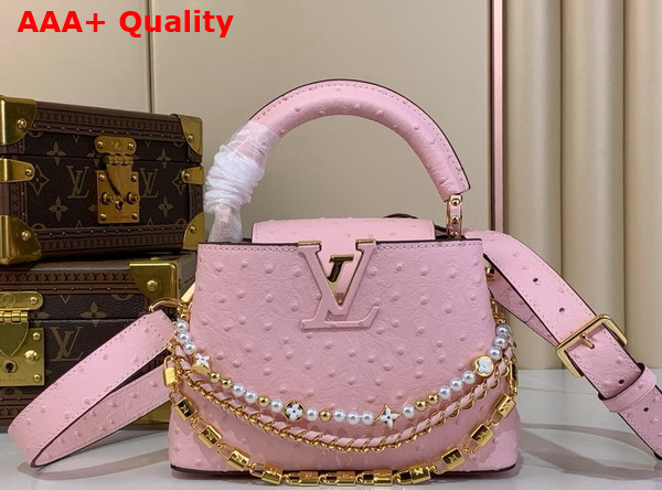 Louis Vuitton Capucines Mini Handbag in Pink Ostrich Leather with Triple Chain Adornment Replica