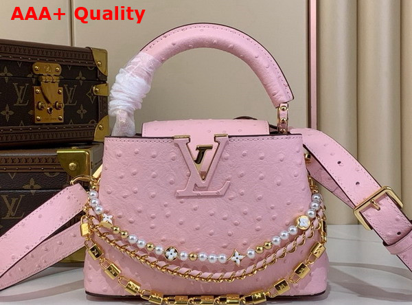 Louis Vuitton Capucines Mini Handbag in Pink Ostrich Leather with Triple Chain Adornment Replica