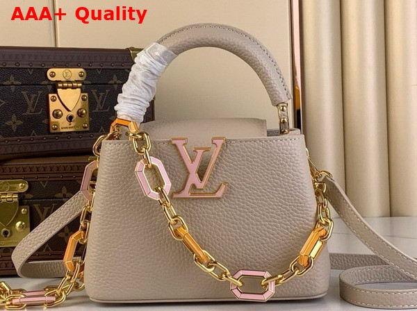 Louis Vuitton Capucines Mini Handbag in Quartz White Taurillon Leather The Links are Decorated with Jewel Like Enamel Replica