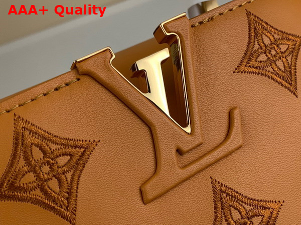 Louis Vuitton Capucines Mini Handbag in Saffron Yellow Calfskin Perforated with the Monogram Pattern M22863 Replica