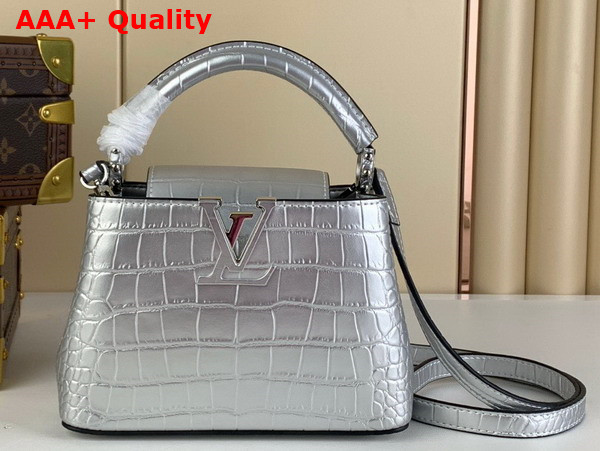 Louis Vuitton Capucines Mini Handbag in Silver Crocodilian Leather Replica