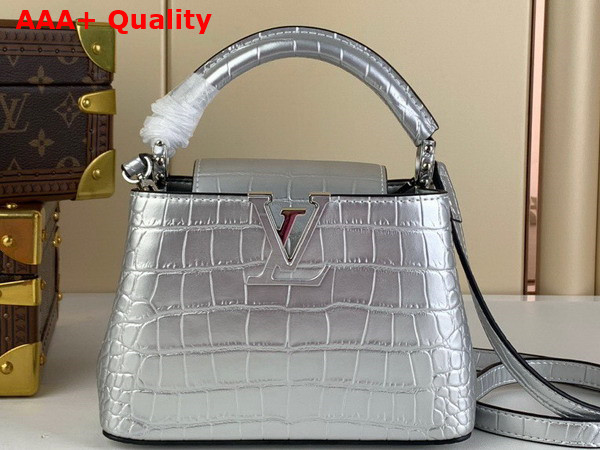 Louis Vuitton Capucines Mini Handbag in Silver Crocodilian Leather Replica