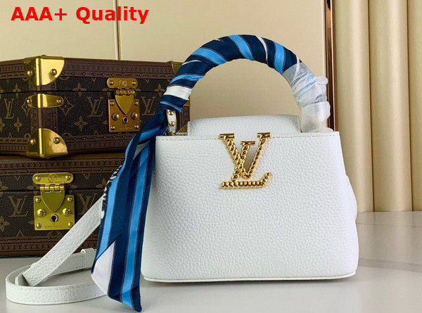 Louis Vuitton Capucines Mini Handbag in Snow White Taurillon Leather with Scarf Wrapped Around the Top Handle Replica