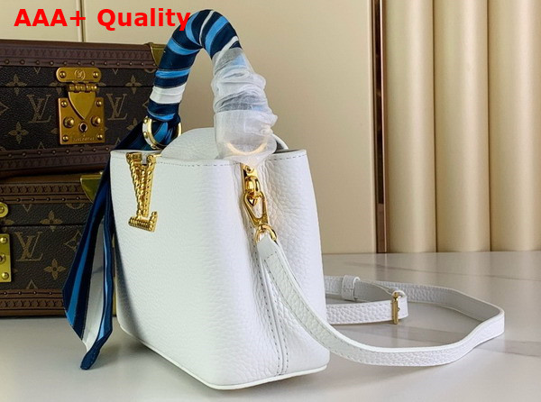 Louis Vuitton Capucines Mini Handbag in Snow White Taurillon Leather with Scarf Wrapped Around the Top Handle Replica