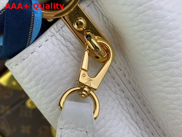 Louis Vuitton Capucines Mini Handbag in Snow White Taurillon Leather with Scarf Wrapped Around the Top Handle Replica