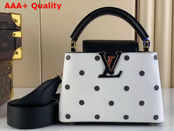 Louis Vuitton Capucines Mini Handbag in White Calfskin with a Graphic Pattern of Black Polka Dots Replica