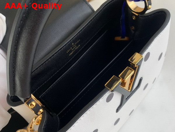 Louis Vuitton Capucines Mini Handbag in White Calfskin with a Graphic Pattern of Black Polka Dots Replica