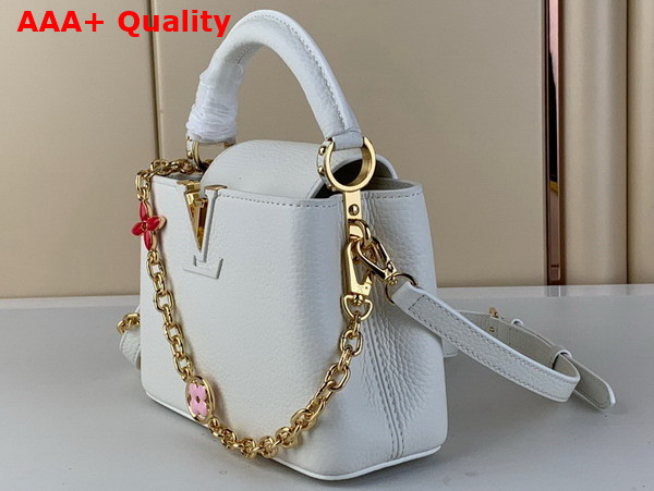 Louis Vuitton Capucines Mini Handbag in White Taurillon Leather Gold Color Chain Adorned with Colored Monogram Flowers Replica