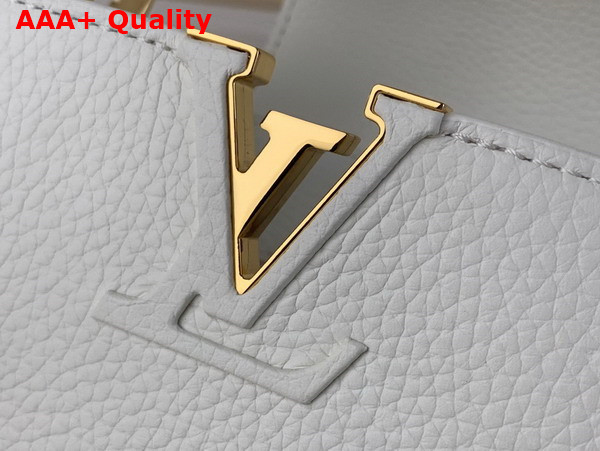 Louis Vuitton Capucines Mini Handbag in White Taurillon Leather Gold Color Chain Adorned with Colored Monogram Flowers Replica