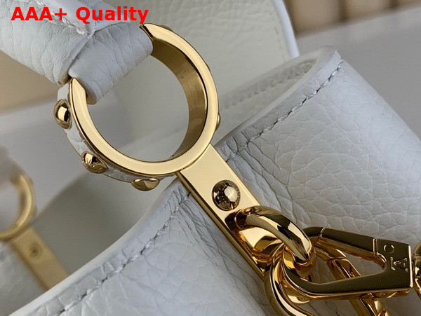 Louis Vuitton Capucines Mini Handbag in White Taurillon Leather Gold Color Chain Adorned with Colored Monogram Flowers Replica