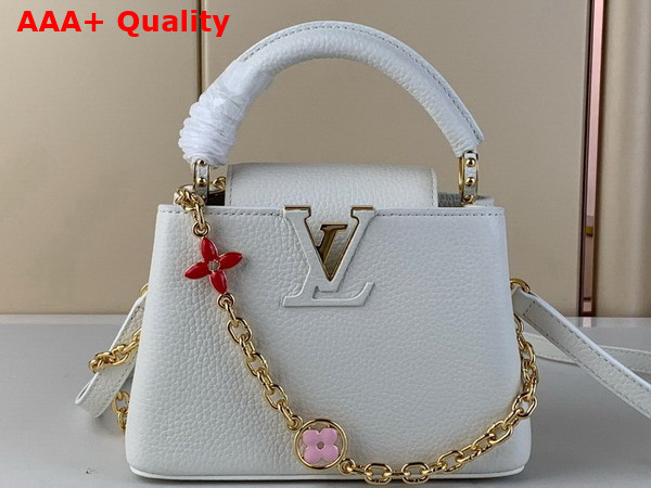 Louis Vuitton Capucines Mini Handbag in White Taurillon Leather Gold Color Chain Adorned with Colored Monogram Flowers Replica