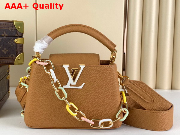 Louis Vuitton Capucines Mini Handbags in Hazelnut Brown Taurillon Leather with Multicolored Chain Replica