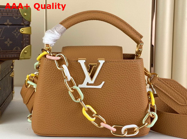 Louis Vuitton Capucines Mini Handbags in Hazelnut Brown Taurillon Leather with Multicolored Chain Replica