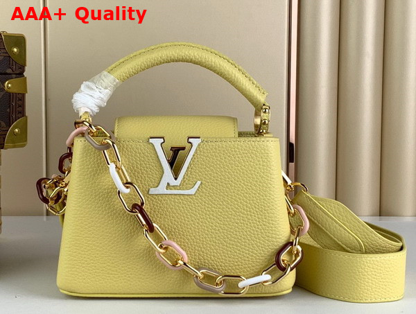 Louis Vuitton Capucines Mini Handbags in Jaune Plume Yellow Taurillon Leather with Multicolored Chain M21798 Replica