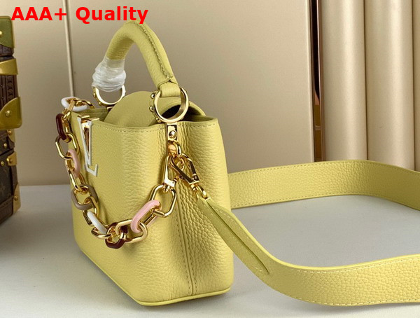 Louis Vuitton Capucines Mini Handbags in Jaune Plume Yellow Taurillon Leather with Multicolored Chain M21798 Replica