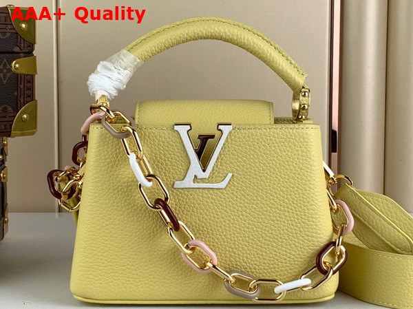 Louis Vuitton Capucines Mini Handbags in Jaune Plume Yellow Taurillon Leather with Multicolored Chain M21798 Replica