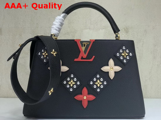 Louis Vuitton Capucines PM Black Taurillon Skin with Metal Studded Taiga Leather Patches M51384 Replica