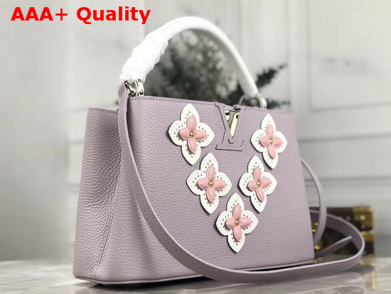 Louis Vuitton Capucines PM Handbag Brume Grey Taurillon Leather Embellished with Colored Monogram Flowers M53727 Replica