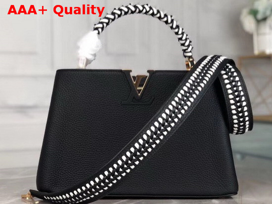 Louis Vuitton Capucines PM Handbag with Braided Handle Black and White Taurillon Leather M55083 Replica