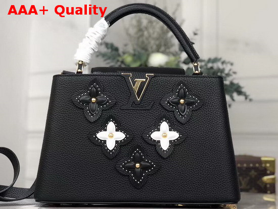 Louis Vuitton Capucines PM Noir Grained Taurillon Leather Embellished with Monogram Flowers M53850 Replica