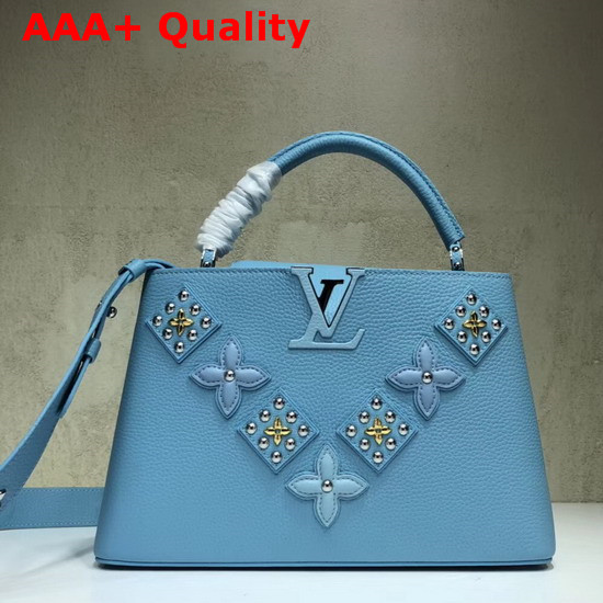 Louis Vuitton Capucines PM Sky Blue Taurillon Skin with Taiga Leather Details Replica