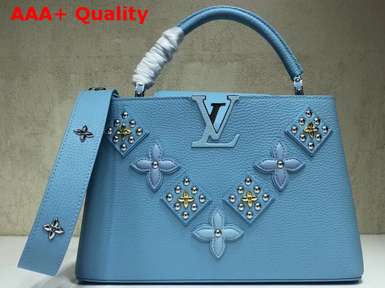 Louis Vuitton Capucines PM Sky Blue Taurillon Skin with Taiga Leather Details Replica