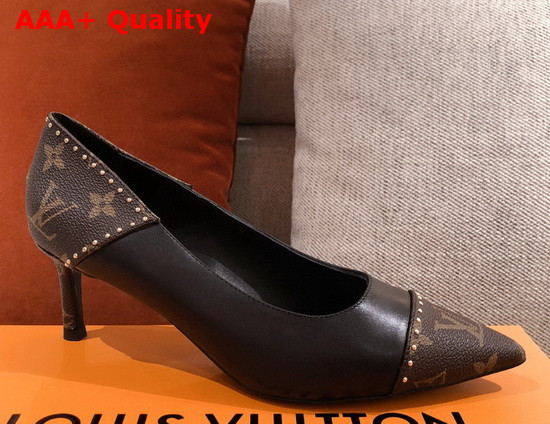 Louis Vuitton Cherie Pump in Black Calf Leather with Patent Monogram Canvas Replica