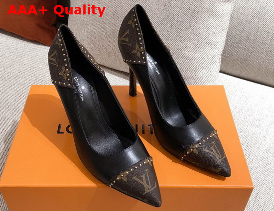 Louis Vuitton Cherie Pump in Black Calf Leather with Patent Monogram Canvas Replica