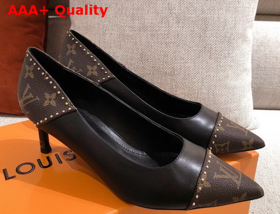 Louis Vuitton Cherie Pump in Black Calf Leather with Patent Monogram Canvas Replica