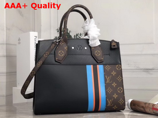 Louis Vuitton City Steamer MM Handbag in Black Calf Leather and Monogram Canvas with Vertical Blue Yellow and Black Stripes Replica