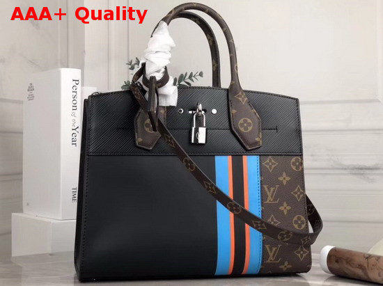 Louis Vuitton City Steamer MM Handbag in Black Calf Leather and Monogram Canvas with Vertical Blue Yellow and Black Stripes Replica