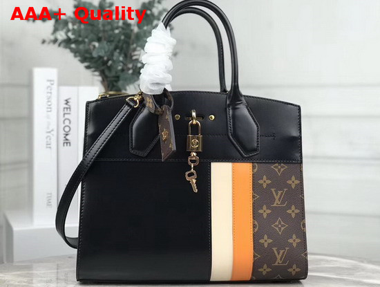 Louis Vuitton City Steamer MM Handbag in Black Calf Leather and Monogram Canvas with Vertical Cream and Yellow Stripes M55433 Replica