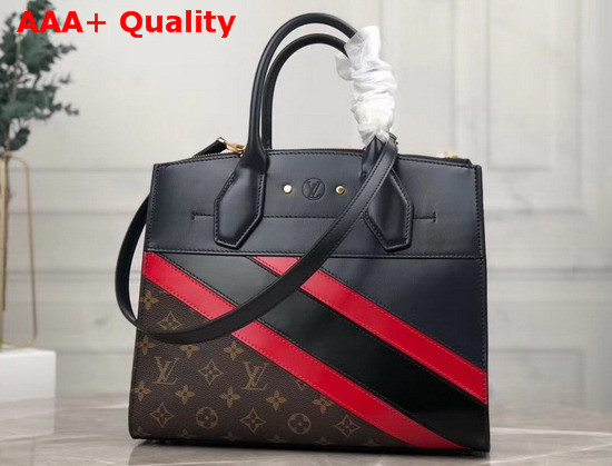 Louis Vuitton City Steamer MM Handbag in Navy Blue Calf Leather and Monogram Canvas with Diagonal Red and Black Stripes Replica