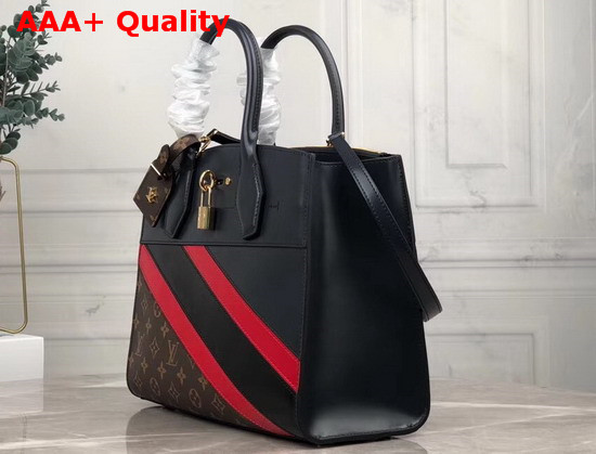 Louis Vuitton City Steamer MM Handbag in Navy Blue Calf Leather and Monogram Canvas with Diagonal Red and Black Stripes Replica