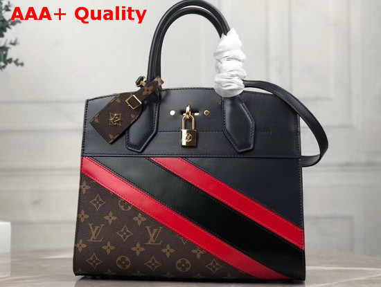 Louis Vuitton City Steamer MM Handbag in Navy Blue Calf Leather and Monogram Canvas with Diagonal Red and Black Stripes Replica