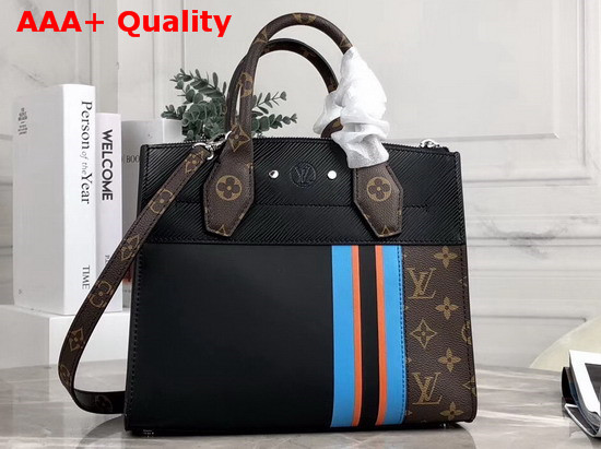 Louis Vuitton City Steamer PM Handbag in Black Calf Leather and Monogram Canvas with Vertical Blue Yellow and Black Stripes Replica