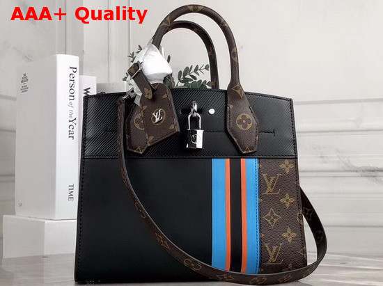 Louis Vuitton City Steamer PM Handbag in Black Calf Leather and Monogram Canvas with Vertical Blue Yellow and Black Stripes Replica