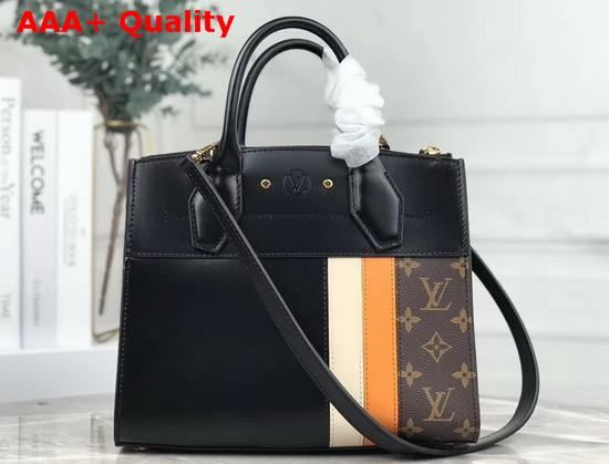 Louis Vuitton City Steamer PM Handbag in Black Calf Leather and Monogram Canvas with Vertical Cream and Yellow Stripes Replica