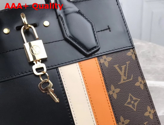 Louis Vuitton City Steamer PM Handbag in Black Calf Leather and Monogram Canvas with Vertical Cream and Yellow Stripes Replica